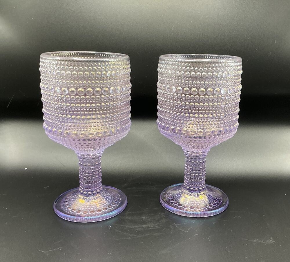 Set 2 Purple Iridescent Hobnail Goblets Wine Water Glasses 8 Oz Stemware